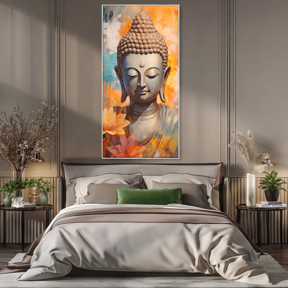 Tablou canvas cu tablou canvas cu buddha si flori de lotus, in rama de aluminiu argintiu, pe perete intr-un dormitor